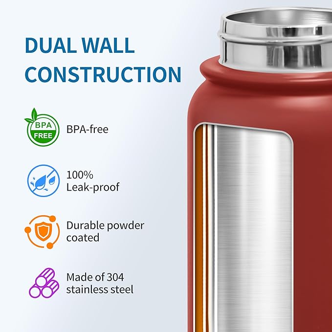 GOPPUS 20 Oz Insulated Stainless Steel Water Bottle BPA-Free Sports Water Bottle, Great for Travel, with Chug Lid - Leak & Sweat Proof with Anti-Dust Lid(red)