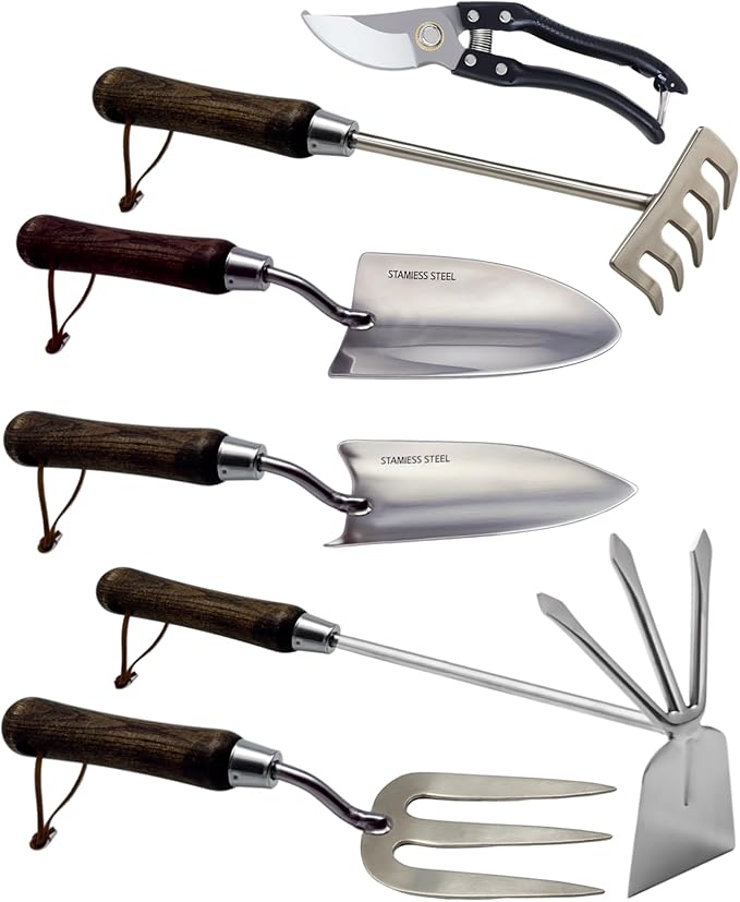 Garden Tool Set, 6PCS Heavy Duty Stainless Steel Gardening Hand Tools with Ropes, Includes Hand Cultivator Shovel Trowel Transplanter 2-in-1 Hoe Pruner, Ideal Gardening Gifts for Women Men (Standard)
