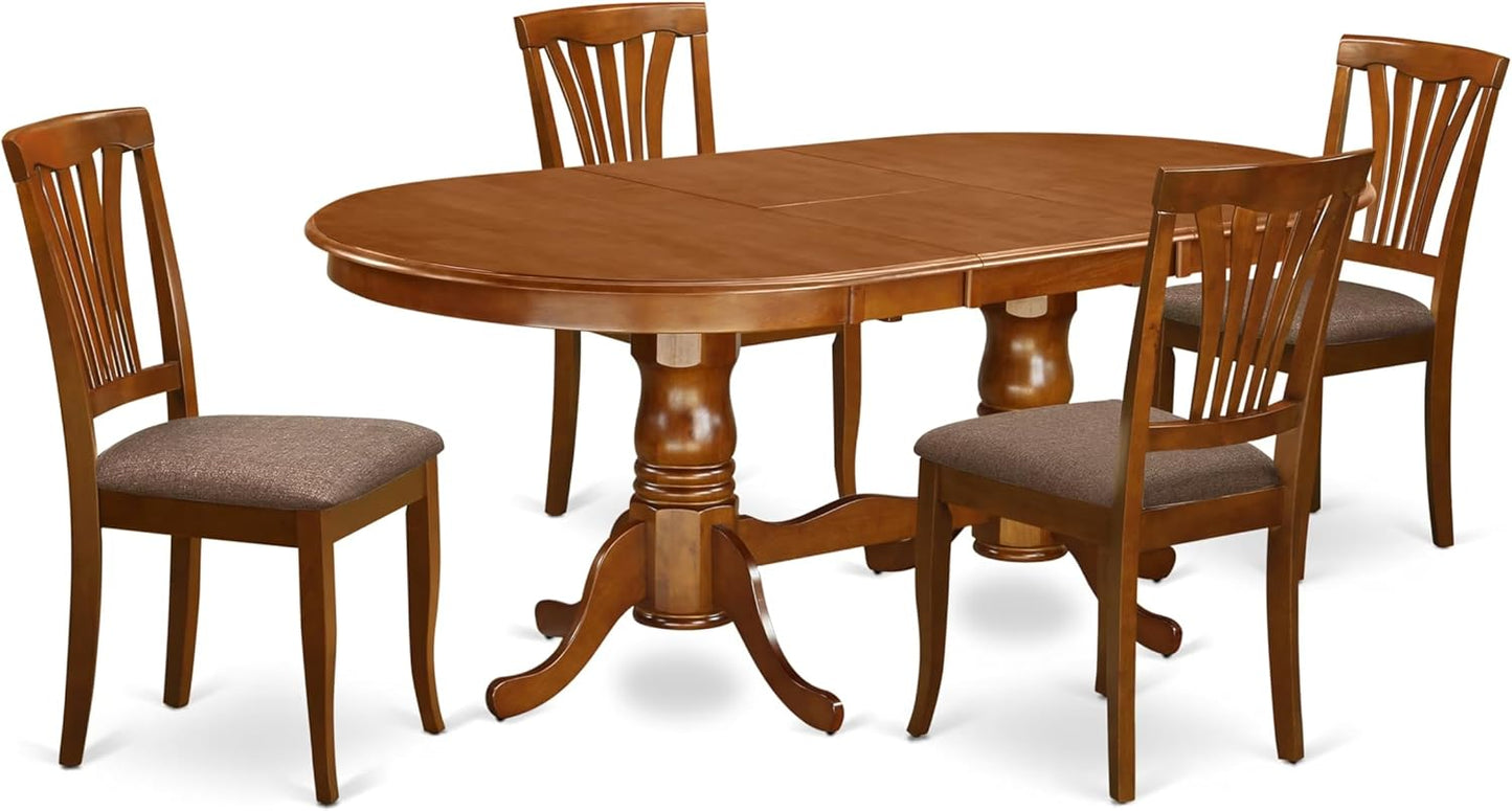 East West Furniture PLAV5-SBR-C 5 Piece Dining Room Table Set Includes an Oval Wooden Table with Butterfly Leaf and 4 Linen Fabric Kitchen Dining Chairs, 42x78 Inch, Saddle Brown