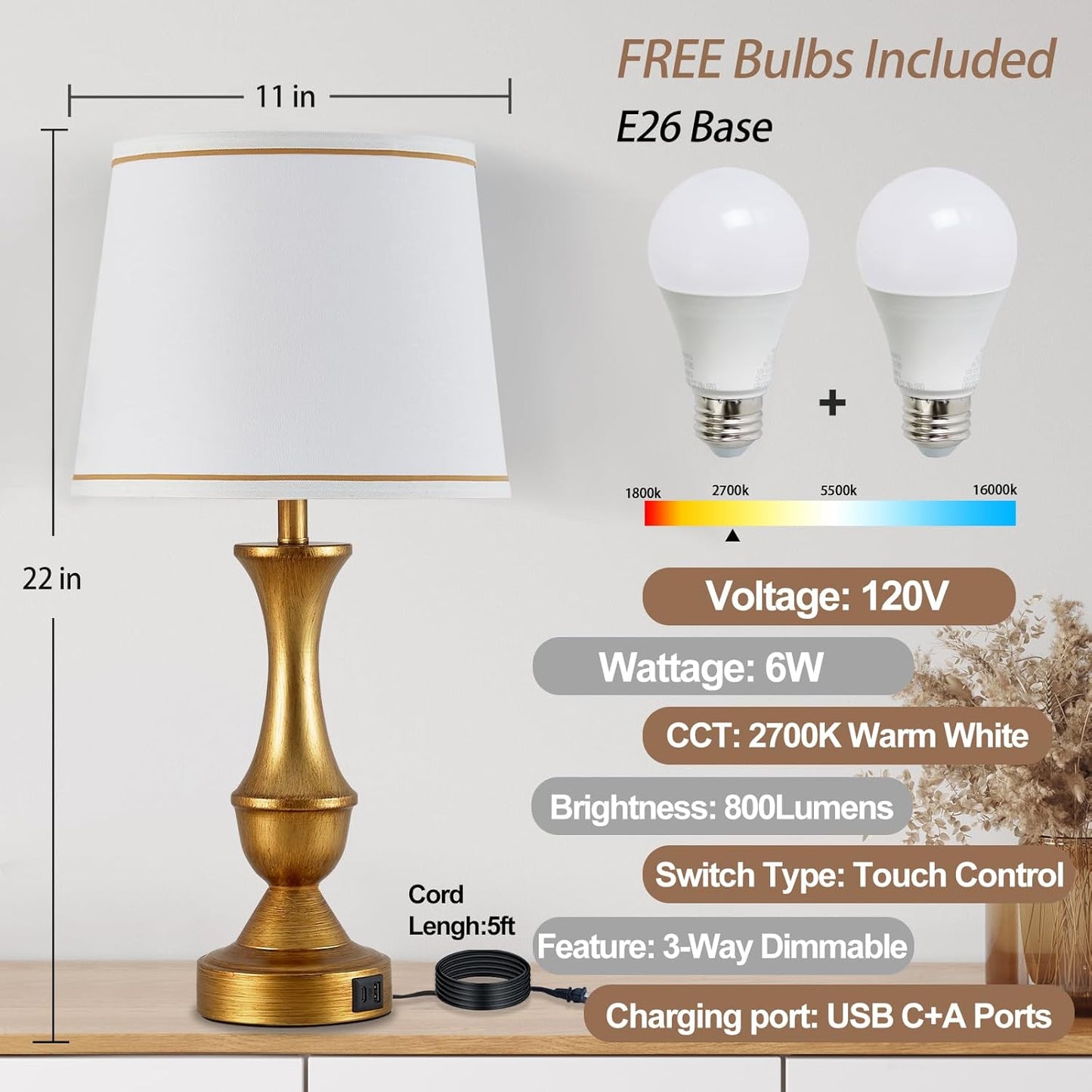 Luvkczc Gold Touch Table Lamps Set of 2, 22" Bedside Lamps with USB C+A Ports, 3 Way Dimmable Nightstand Lamps with White Lampshade,Table Lamps for Bedroom Living Room Bedroom Office, Bulbs Included