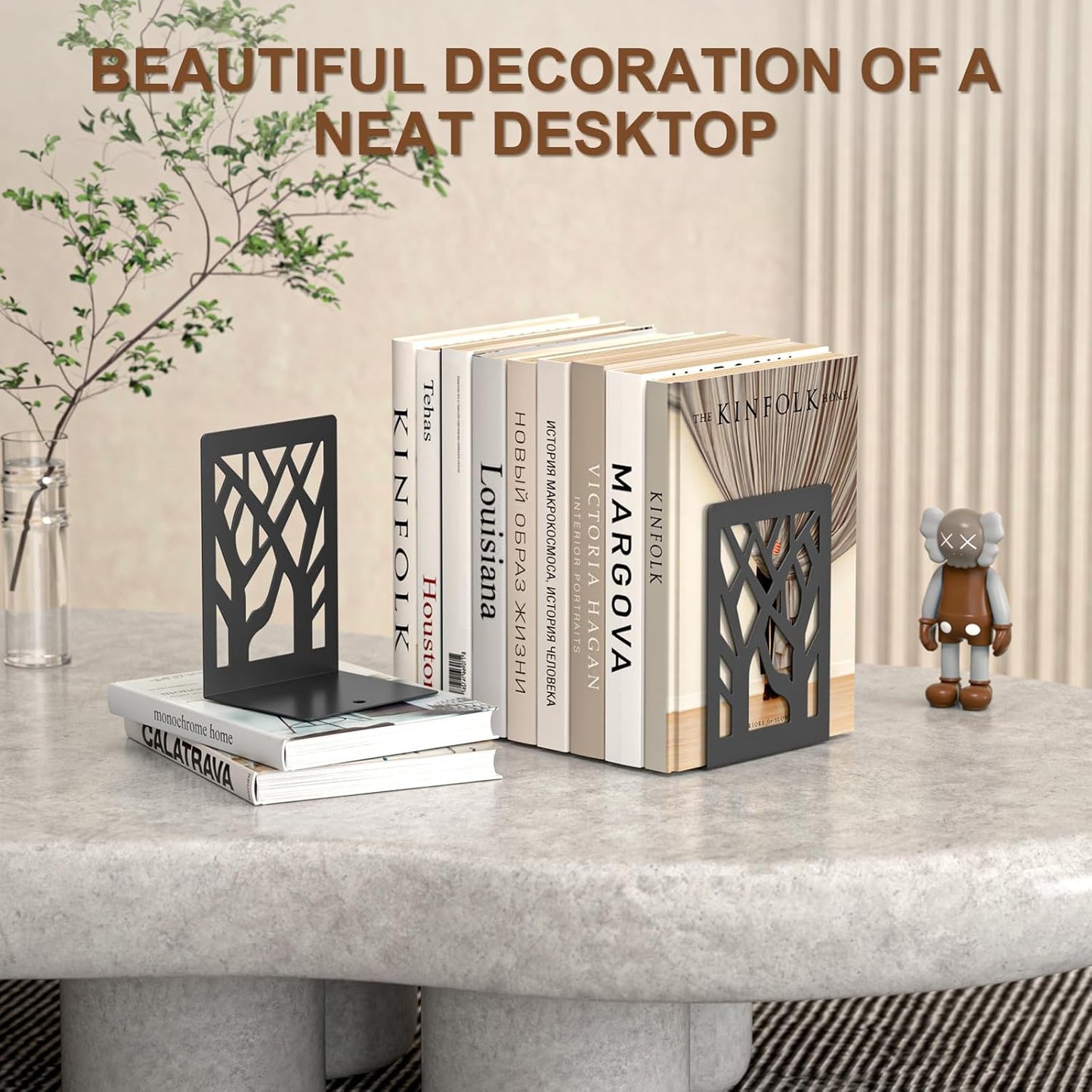 VFINE 2-Piece Modern Metal Bookends for Shelves, Black Tree Book Ends for Books, Decorative Book Organizer for Desk, Non-Skid Shelve Bookends for Home Office