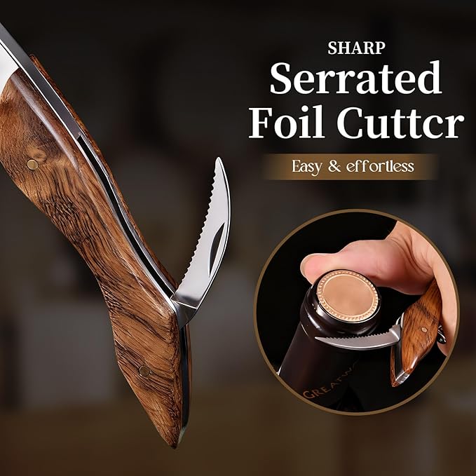 Wine Opener, Wine key, Corkscrew, Wine Bottle Opener w/Foil Cutter and Cap Remover for Servers, Bartenders, Waiters, Sommelier, Wine lover (Burl Wood, Standard)