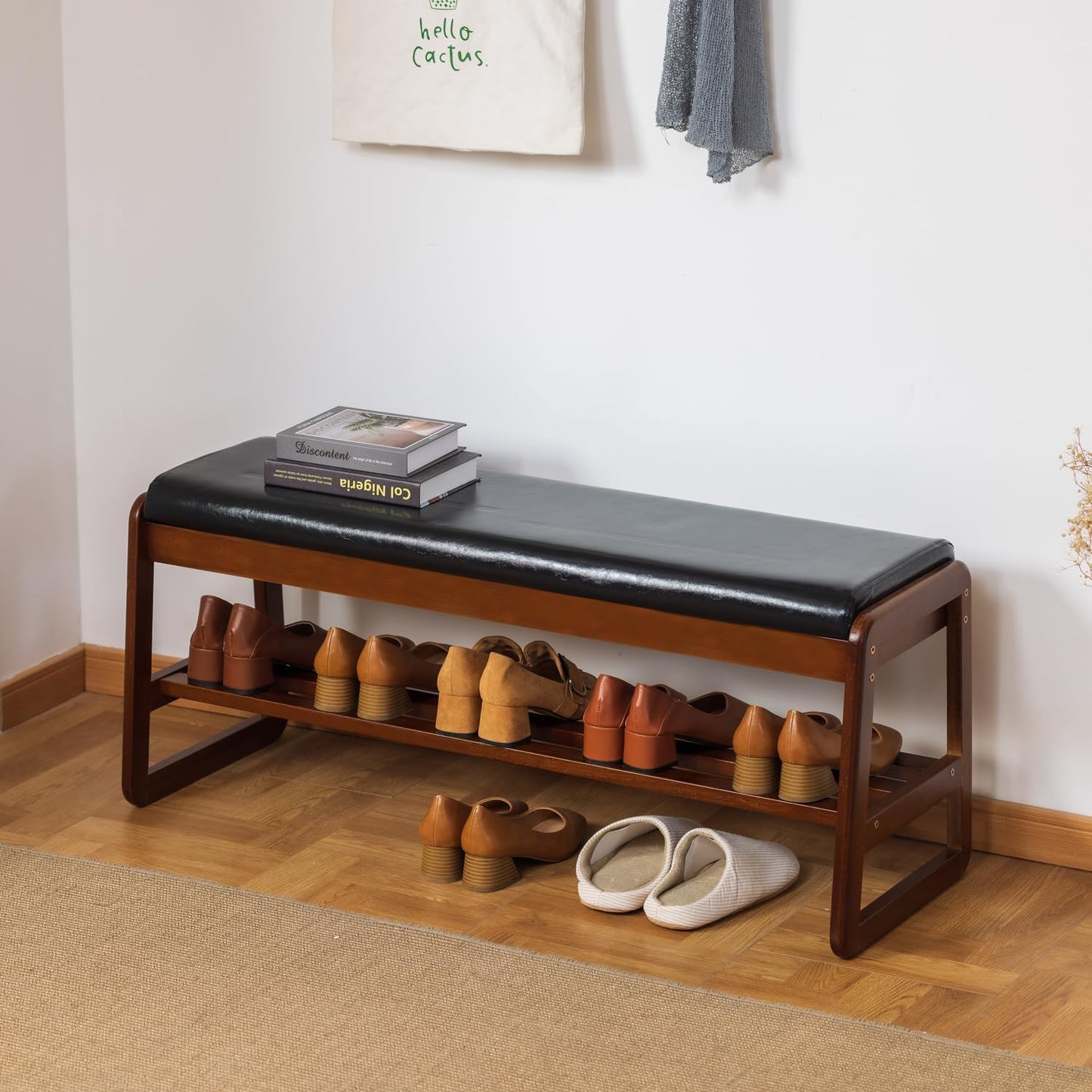 Solid Wood Shoe Bench, 2-Tier Entryway Bench with Cushion and Flip-Open Storage Box, Mid-Century Modern Shoe Bench Rack for Hallway, Mudroom(Black, 39.4'')