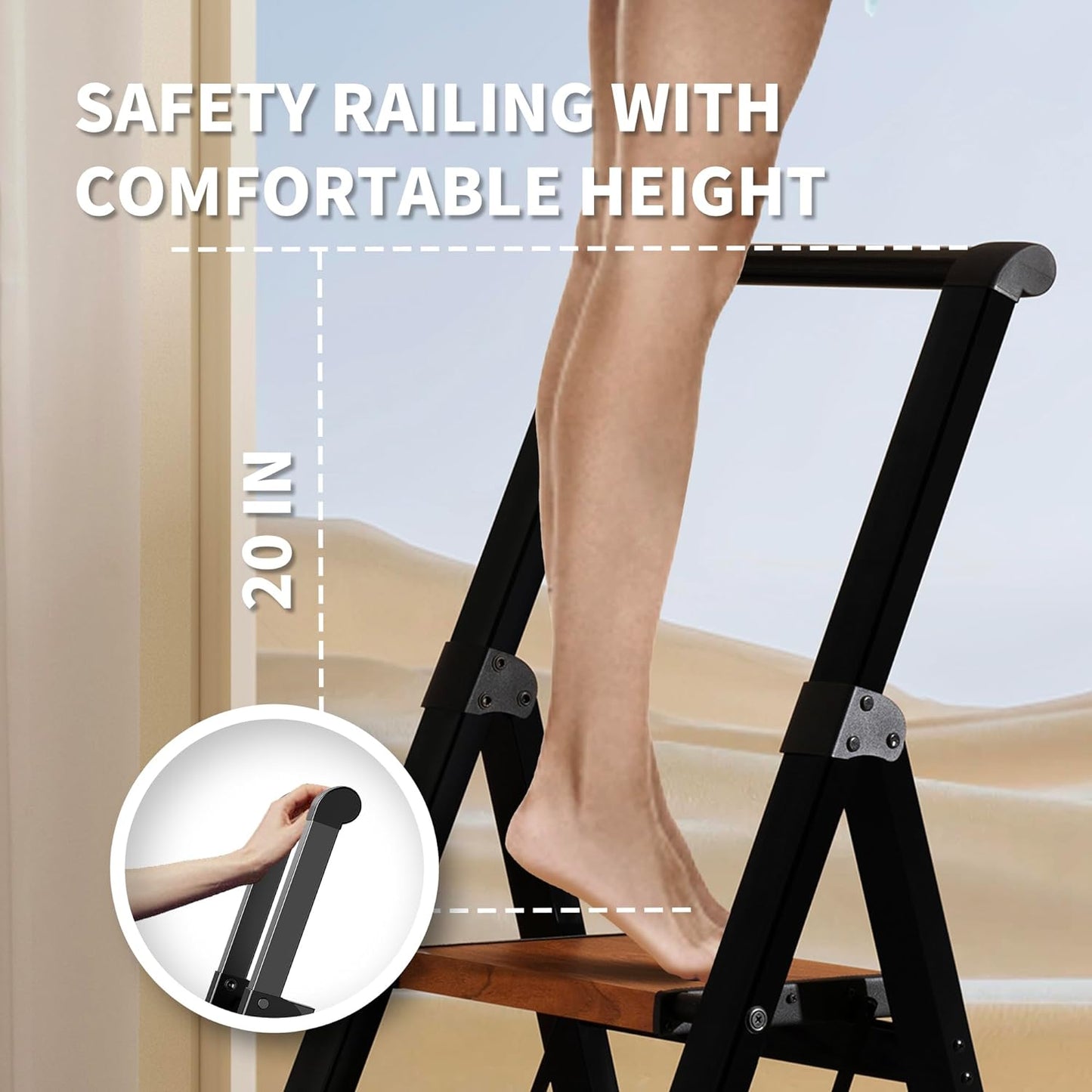 3 Step Ladder,Folding Step Stool with Aluminum Wide Pedal& Convenient Handgrip,330lbs Capacity Steel Ladder for Household and Office(Woodgrain)