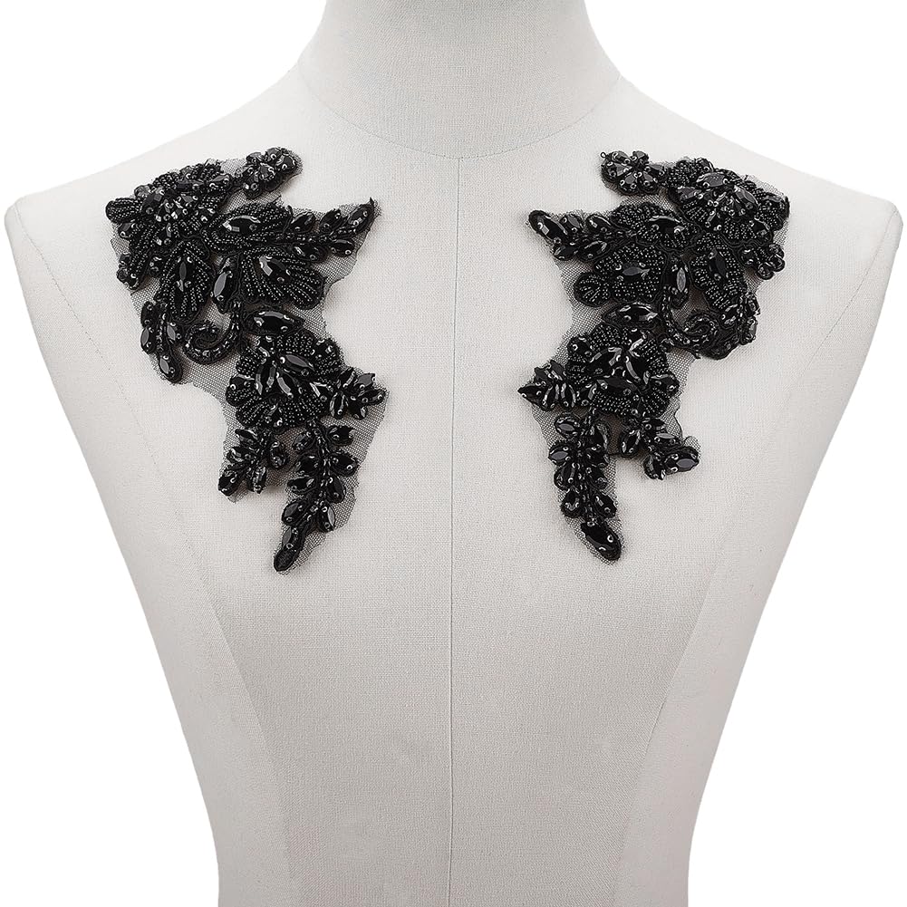 CABODYALS 2Pcs Black Floral Rhinestone Applique Handmade 3D Flower Pearl Beaded Lace Trim Appliques Crystal Bead Embroidery Sew on Tulle Pathes for Sewing Making Dresses Bridal Wedding Gowns Clothes