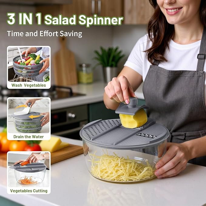 Salad Spinner, 5.3 QT Lettuce Spinner with Strainer, Fruit Cleaner with 4 Replaceable Blade for Shredding, Slicing and Pureeing, Salad Washer & Dryer for Quick Washing (Grey)