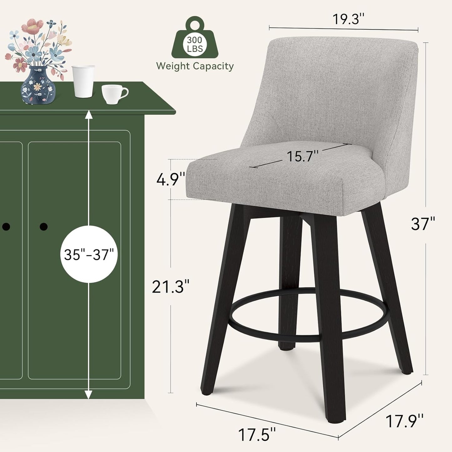 Vipbear Swivel Counter Height Bar Stools Set of 2,26.8" H Counter Stools with Back, Mid Century Modern Bar Stools for Kitchen Island,Linen Fabric,Wooden Base, Light Gray