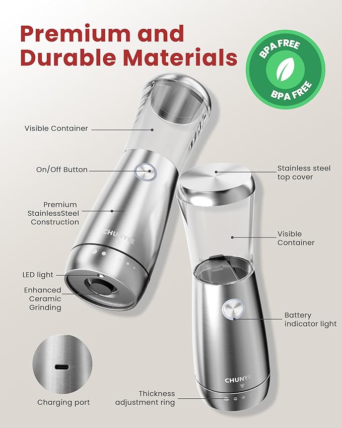 Electric Salt and Pepper Grinder Set - Automatic Stainless Steel Rechargeable Salt and Pepper Grinder Set with Storage Base, Large Capacity, LED Light & Adjustable Coarseness, Ideal Kitchen Gadget