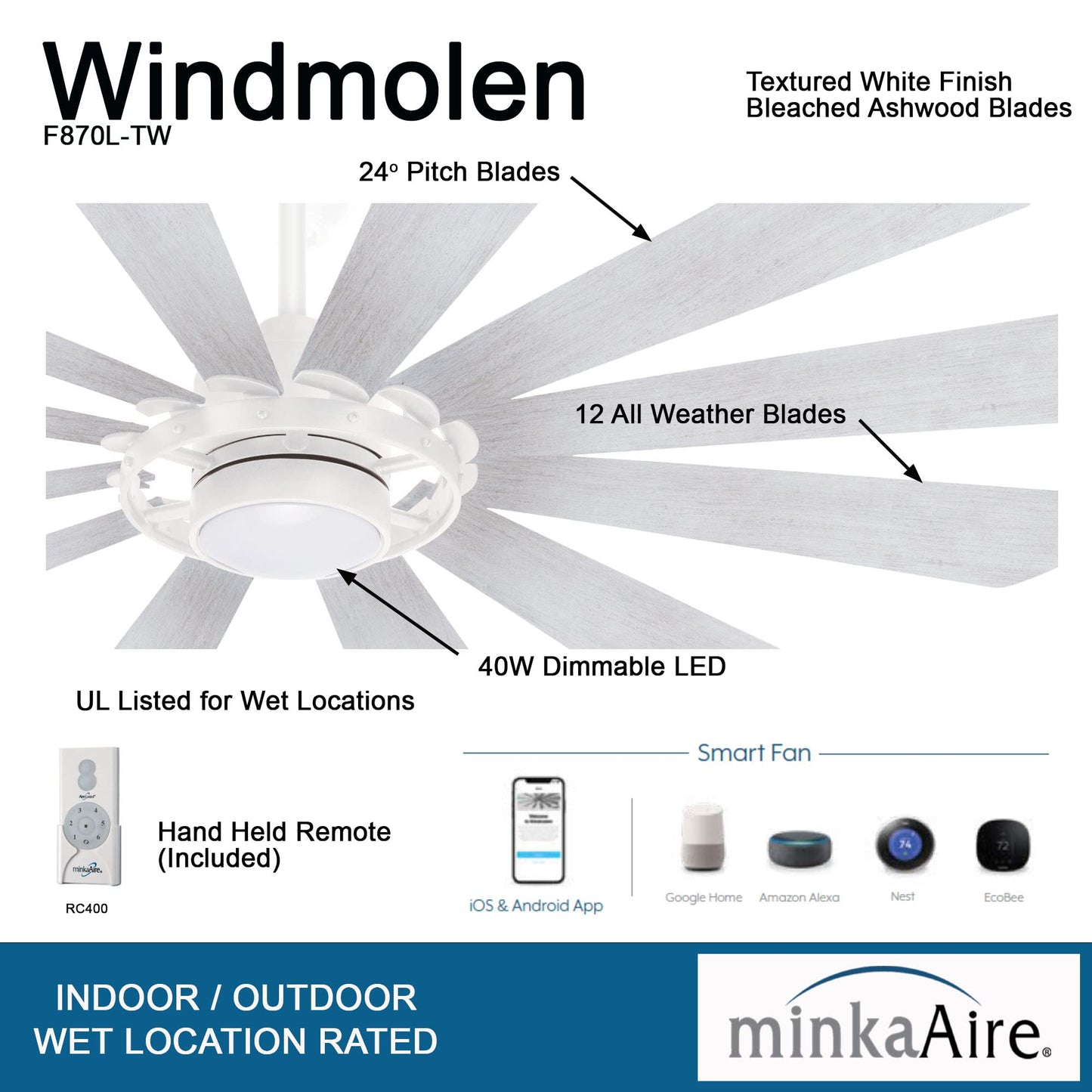 Minka Aire F870L-Tw Windmolen 65 Outdoor Ceiling Fan With Led Light And Remote Control, Textured White