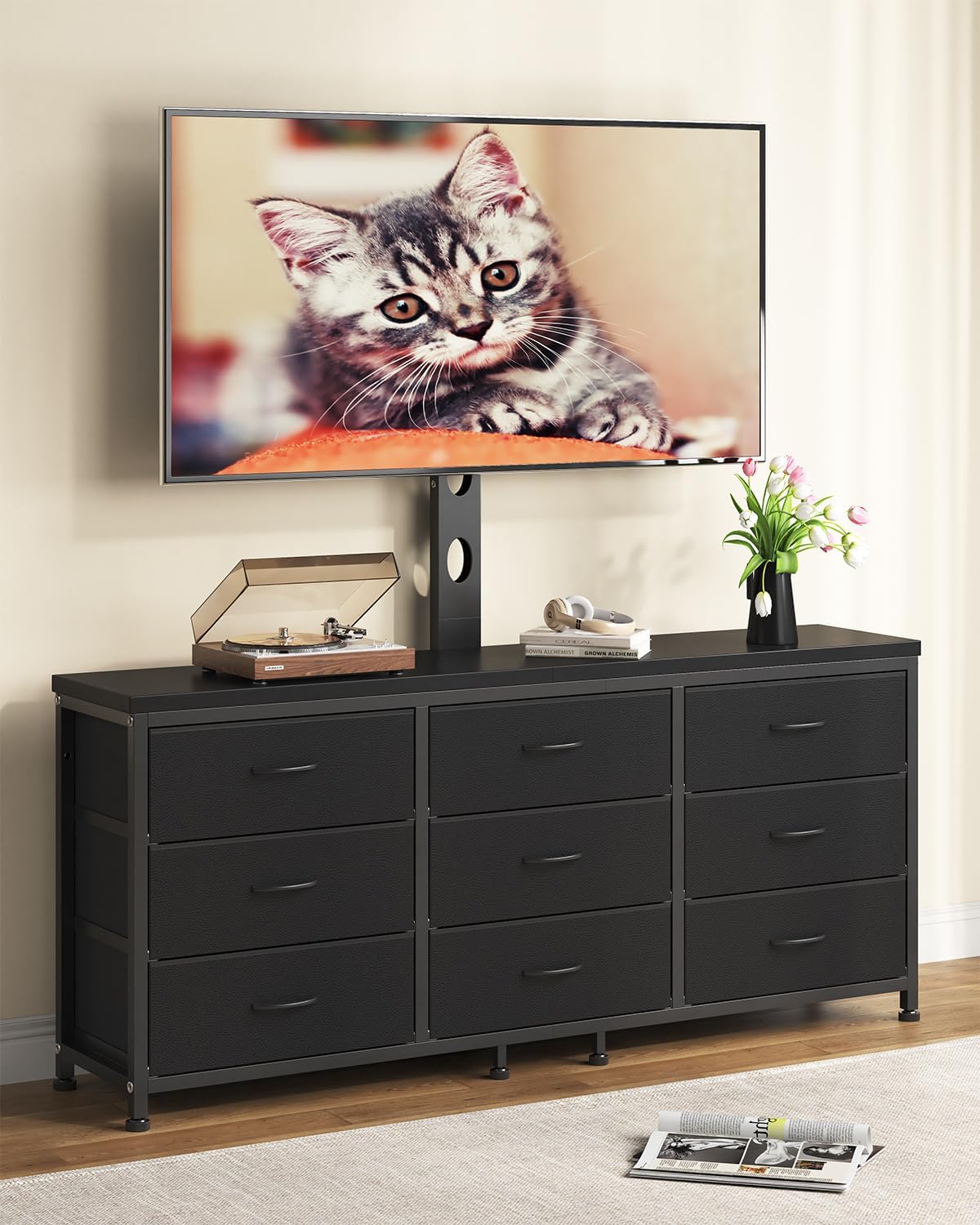 TV Stand with Mount for 32/55/65/75/85 inch TVs, Entertainment Center with 9 Fabric Drawers Dresser Storage, Height Adjustable Media Console