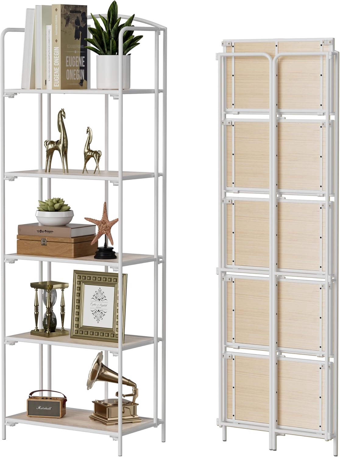 Crofy No Assembly Folding Bookshelf for Living Room, 5 Tier White Collapsible Book Shelf for Home Office, Portable Bookcase Storage Organizer