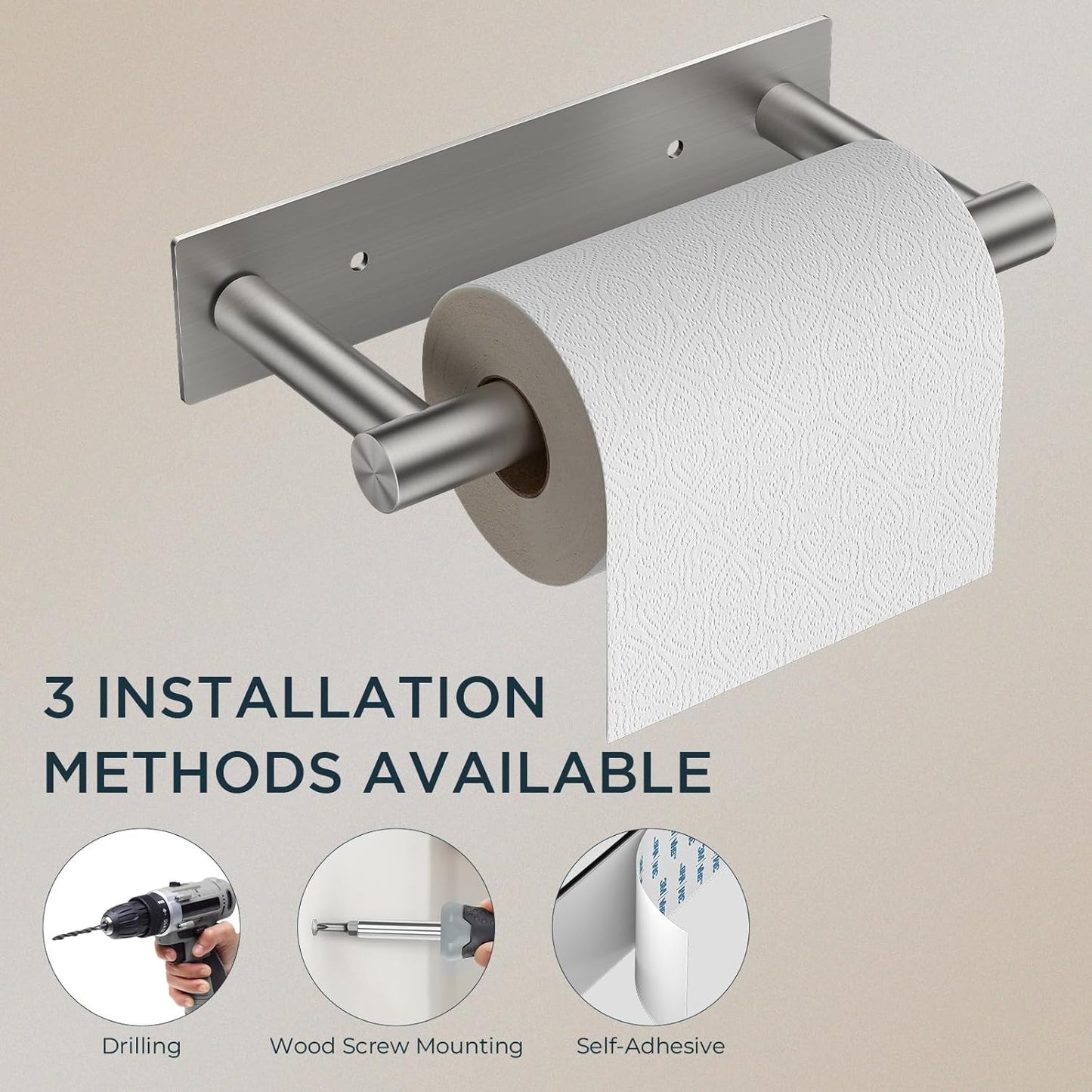 FORIOUS Adhesive Toilet Paper Holder Brushed Nickel, Self Adhesive or Wall Mounted Options, Stainless Steel Rustproof Stick on no Drilling Pivoting Toilet Tissue Roll Holder Wall Mount for Bathroom