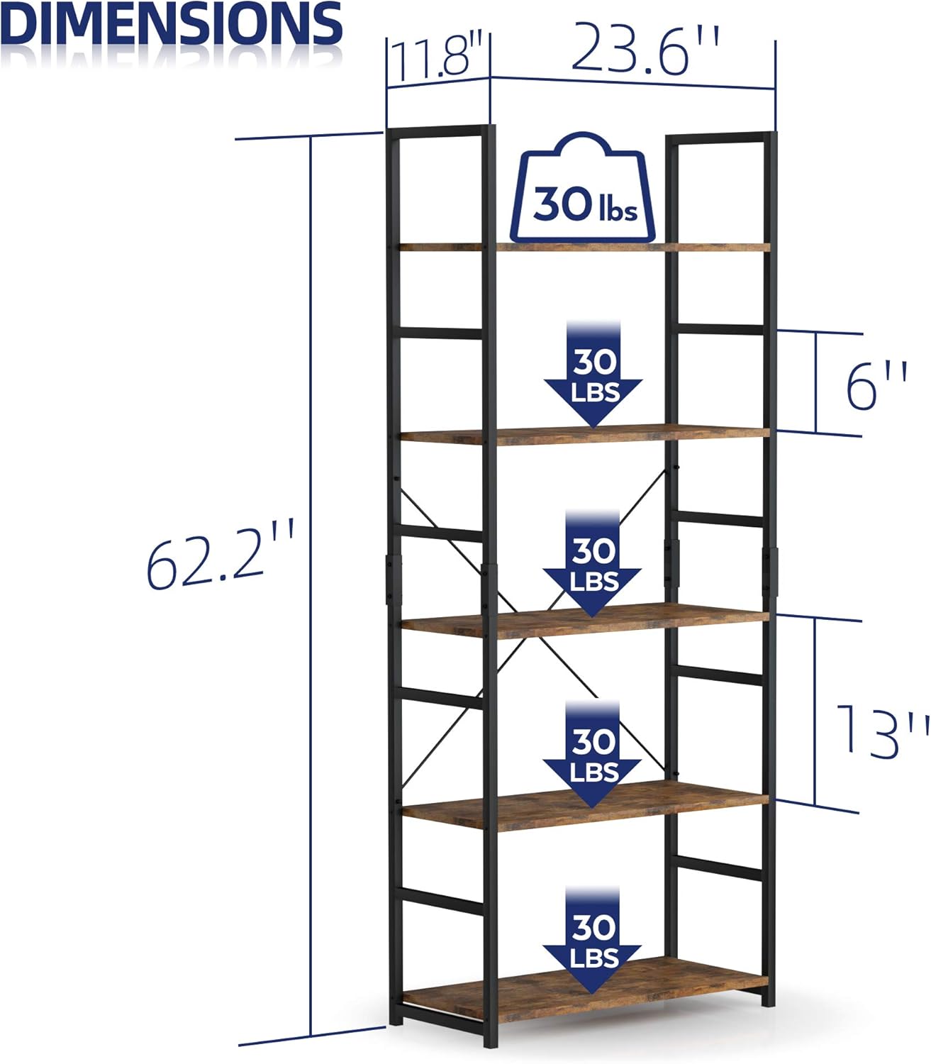 NUMENN 5 Tier Bookshelf, Set of 2 Tall Bookcase Shelf Storage Organizer, Modern Book Shelf for Bedroom, Living Room and Home Office, Vintage