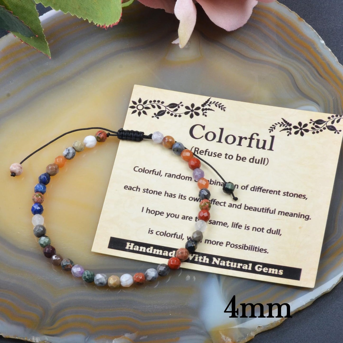 CHCCOYE 4mm Handmade Adjustable Natural Gemstone Crystal Bracelet Healing Power Energy Inspirational Gifts with Card for Unisex (Faceted Colorful)