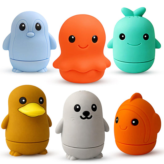 Ocean Friends Baby Bath Toys, Silicone Bath Toys for Babies 9 Months+, Toddler Bath Toys 1-3, Easy to Clean, Opens for Cleaning, 6-Piece Set