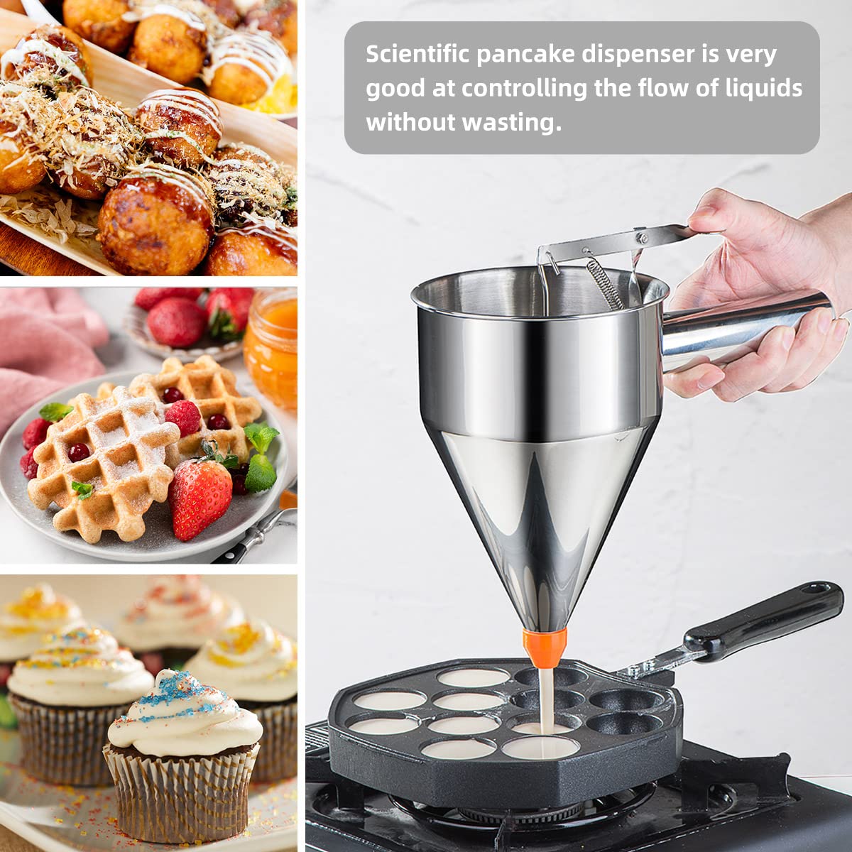 shoxil 40oz Pancake Batter Dispenser, Stainless Steel Cake Dispenser with 4 Caliber Funnel & Stand, Baking Tools for Pancakes, Cupcakes & Baked Goods
