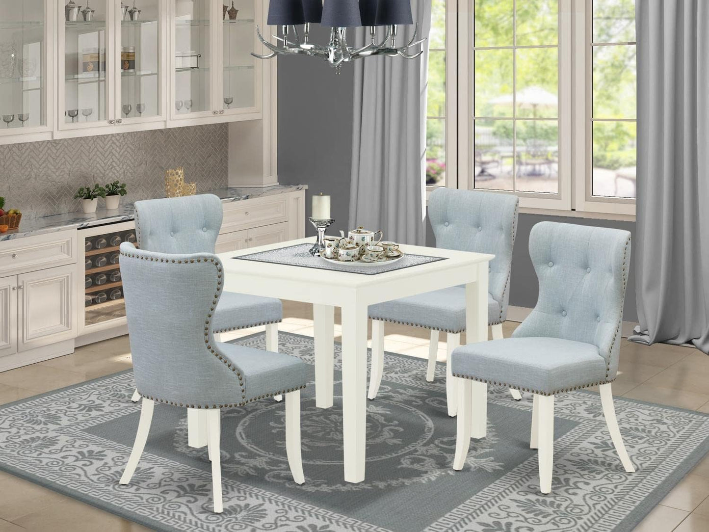 East West Furniture OXSI5-LWH-15 5 Piece Dining Table Set for 4 Includes a Square Kitchen Table and 4 Baby Blue Linen Fabric Upholstered Parson Chairs, 36x36 Inch, Linen White