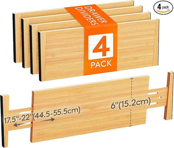 Lifewit 4 Pack 6" Deep Bamboo Drawer Dividers, 17.5-22" Expandable Drawer Organisers for Clothes, Adjustable Dresser Drawer Divider, Clothing Drawers Separators for Dresser, Bedroom, Bathroom, Office