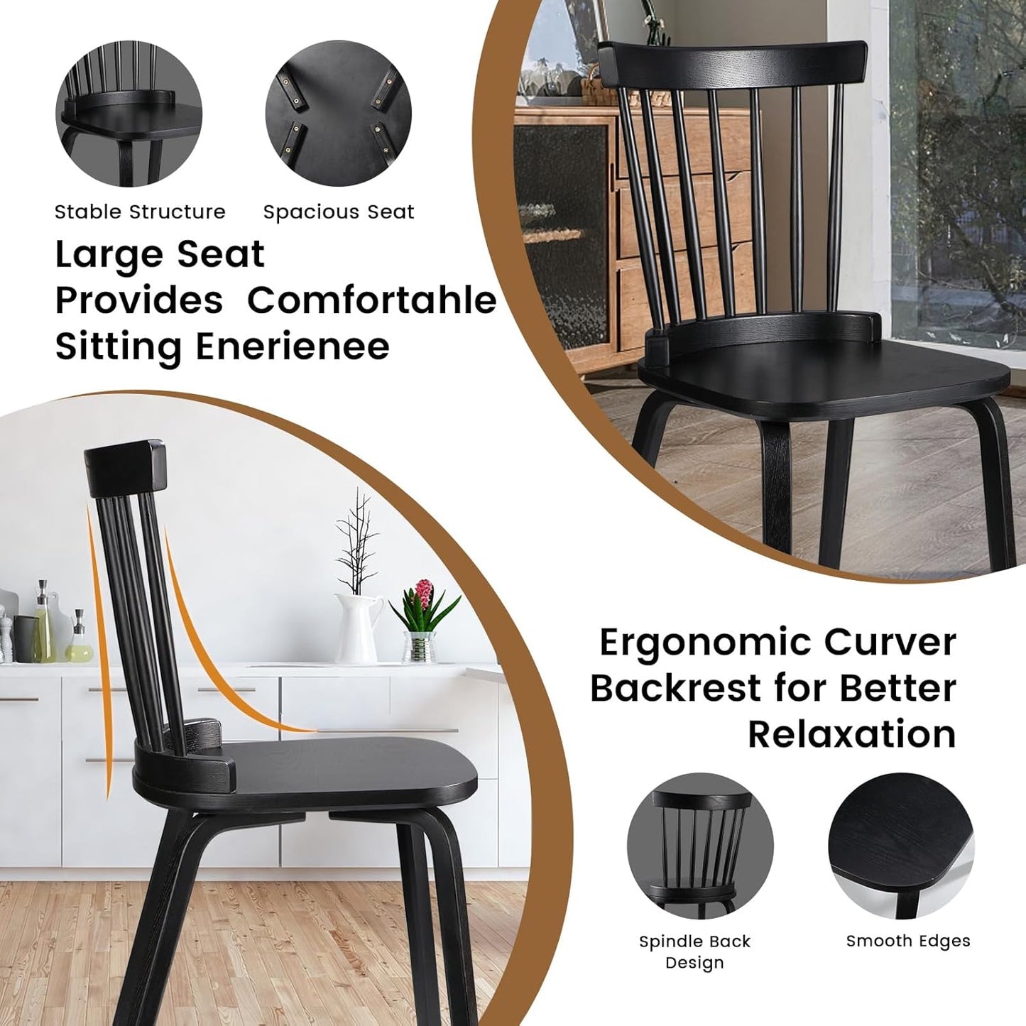 Unovivy Wood Dining Chairs Set of 2, Windsor Farmhouse Spindle Back, Widen Seat, Modern Mid-Century Country Style, for Living Room Restaurant, Black