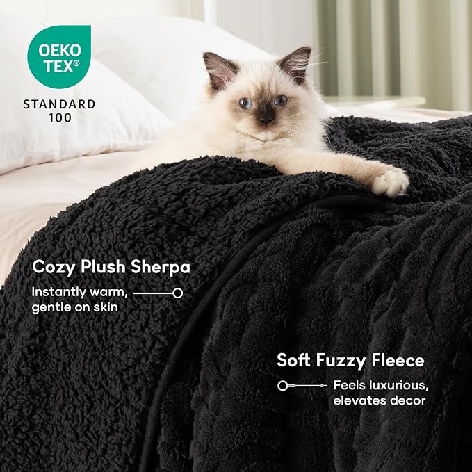 Cottonblue Jacquard Weighted Blanket for Adults 20 lbs Queen Size, Cozy Fluffy Sherpa Fleece Weighted Throw Blankets 60" x 80" for Sleep Relax, Fuzzy Warm Arch Heavy Blanket Soft for Bed Couch, Black