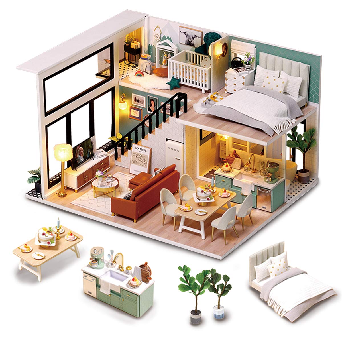 GuDoQi DIY Miniature Dollhouse Kit, Tiny House with Furniture and Music, 1:24 Scale, Great Crafts Gift for Birthday Christmas Day, Comfortable Life