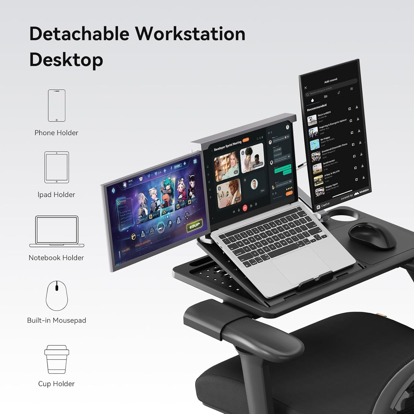 Newtral Ergonomic Office Chair - Home Office Desk Chair, Big and Tall Office Chair with Auto-Following Lumbar Support, Adjustable Seat Depth and Height (No Foot Rest + Laptop Table, Black)