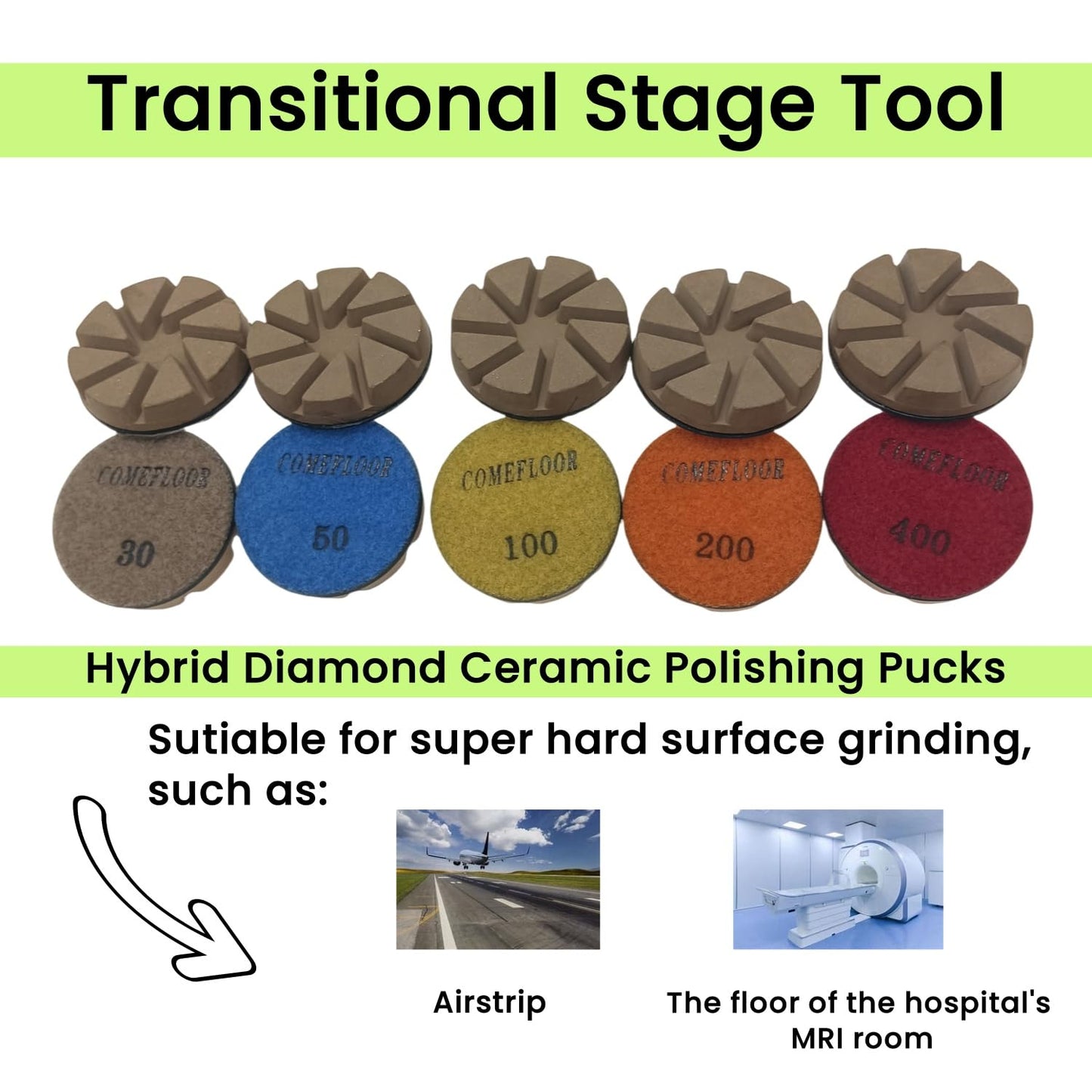 Hybrid Diamond Ceramic Polishing Pucks, Aggressive Concrete Terrazzo Floor Hook n Loop Grinding Pads, 3 Inch Long Using Life Transitional Discs,30# 9 PCS