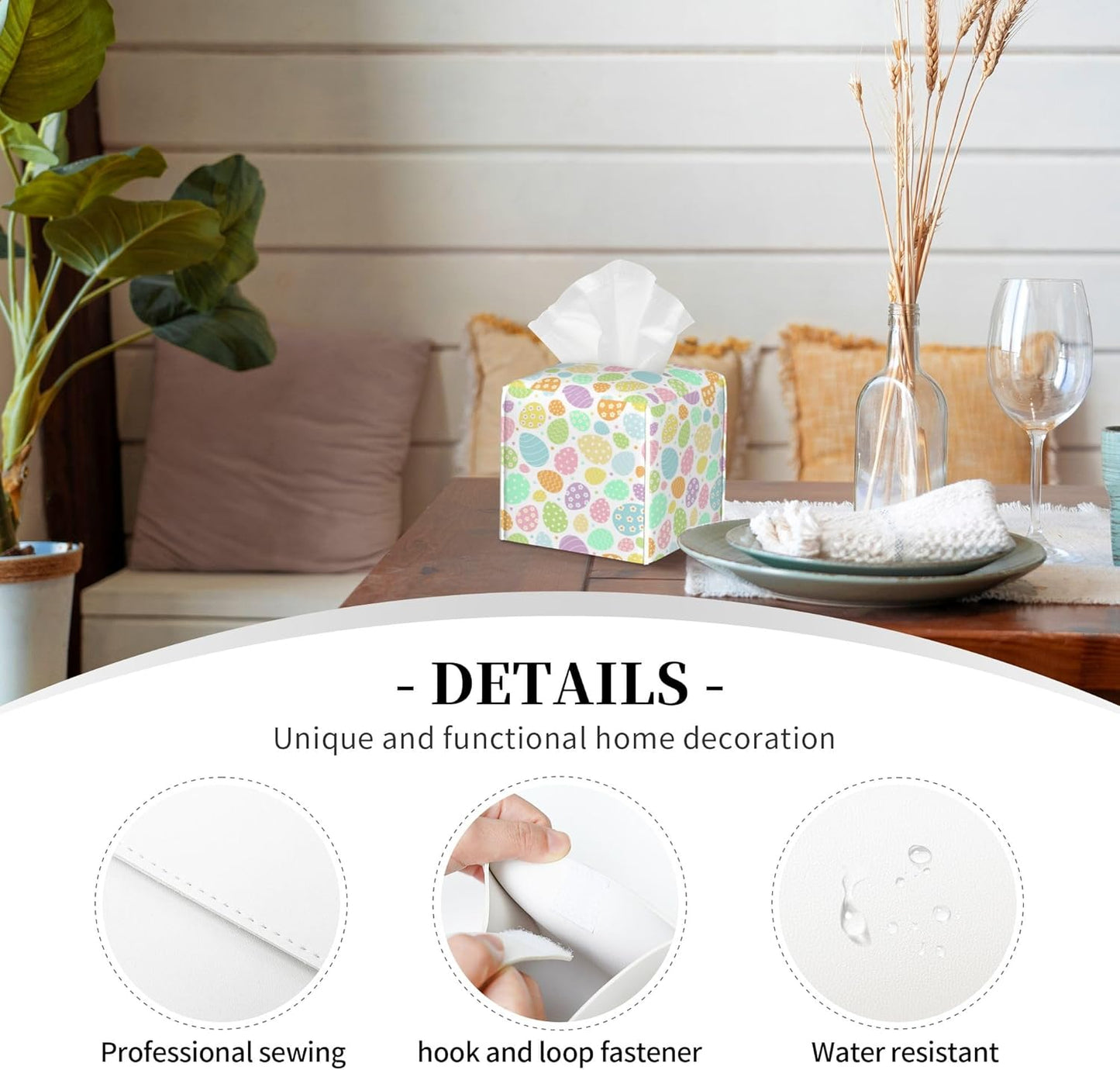 Tissue Box Cover Holder, Colored Easter Eggs PU Leather Square Tissue Box Cover Decorative Organizer for Bathroom Kitchen Bedroom Vanity Countertop Night Stands