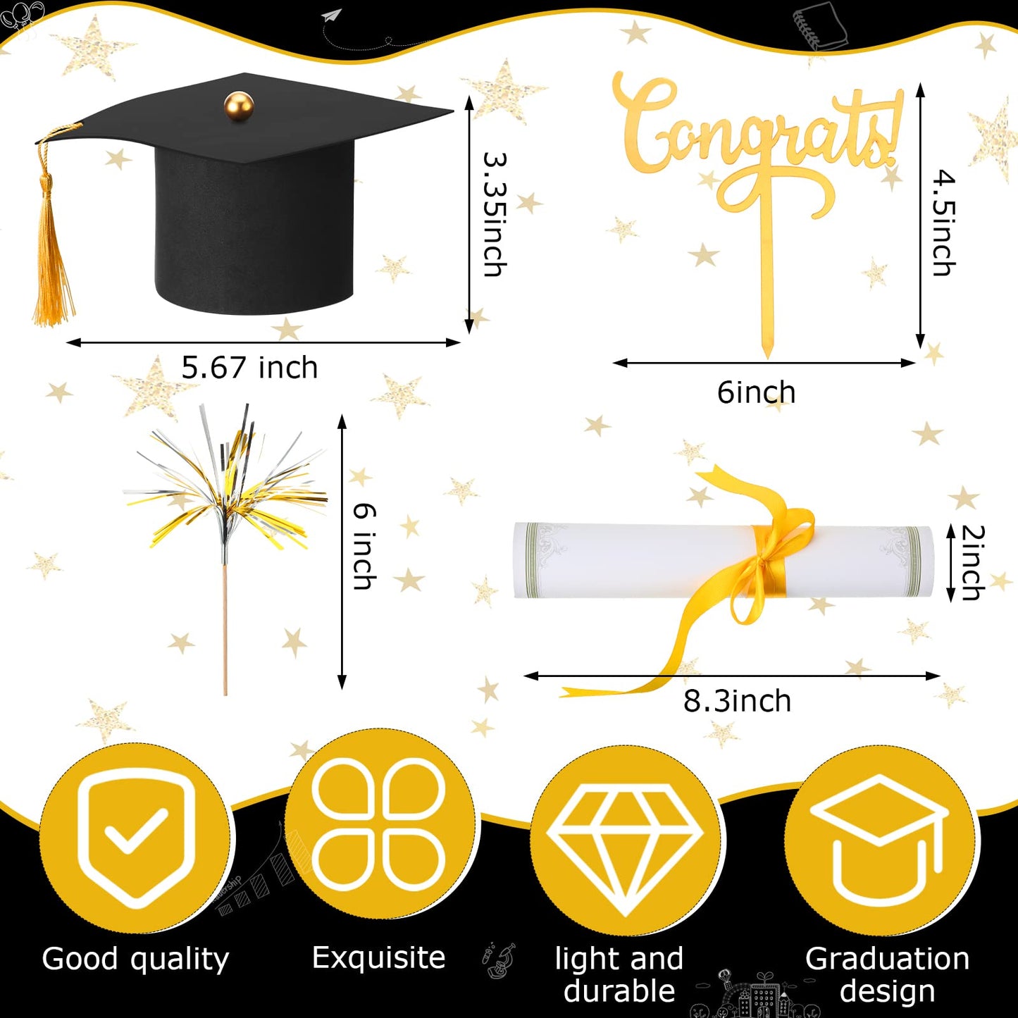 7 Pieces Graduation Cap Cake Topper Decorations Kit with Paper Diploma Congrats Cupcake Toppers Firework Food Topper for Graduation Party Cake Decoration Supply