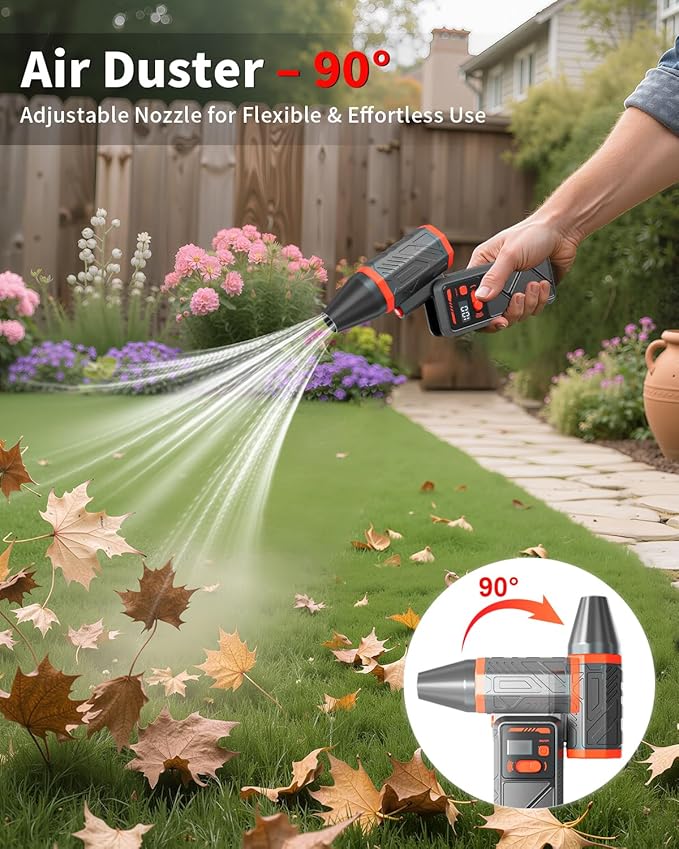 Compressed Air Duster, 150000RPM Electric Air Duster with Stepless Speed, 90° Adjustable Nozzle, Digital Display & LED Light, Cordless Rechargeable Air Blower for Keyboard, Computer, Car, Home,Outdoor
