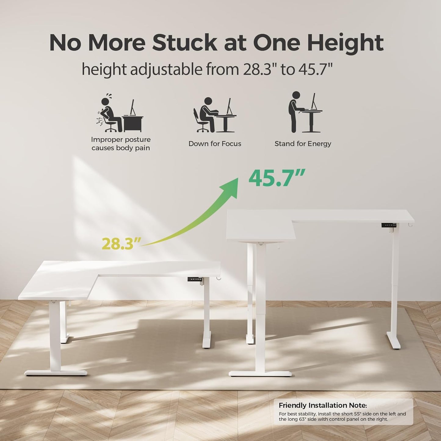 Agilestic 75 Inch L Shaped Standing Desk Adjustable Height, Corner Standing Desk, Sit Stand Up Computer Table, Splice Board, White