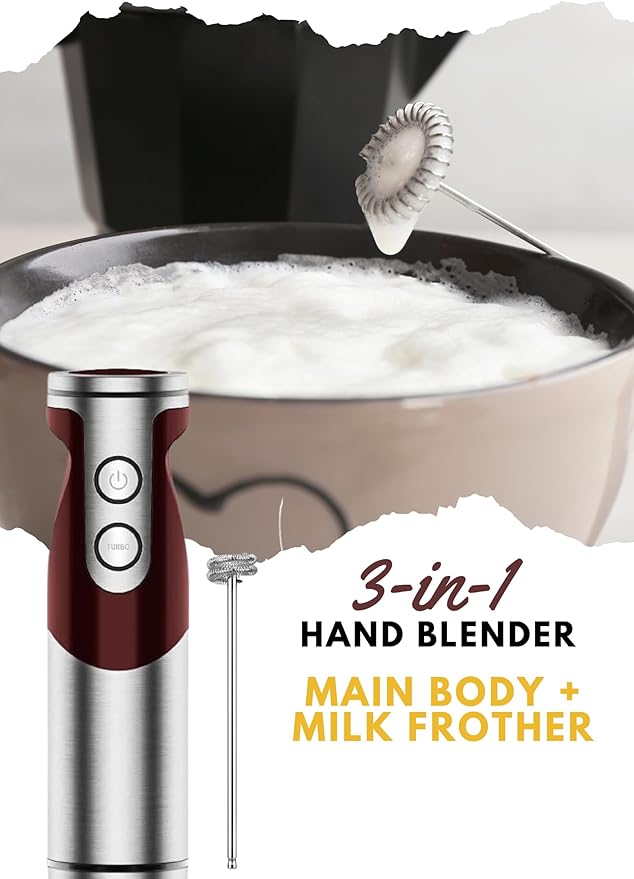 MegaWise Pro Titanium Reinforced 3-in-1 Immersion Corded Hand Blender, Powerful MOTOR with 80% Sharper Blades, 12-Speed Corded Blender, IncludingWhisk and Milk Frother (3-in 1 Red)