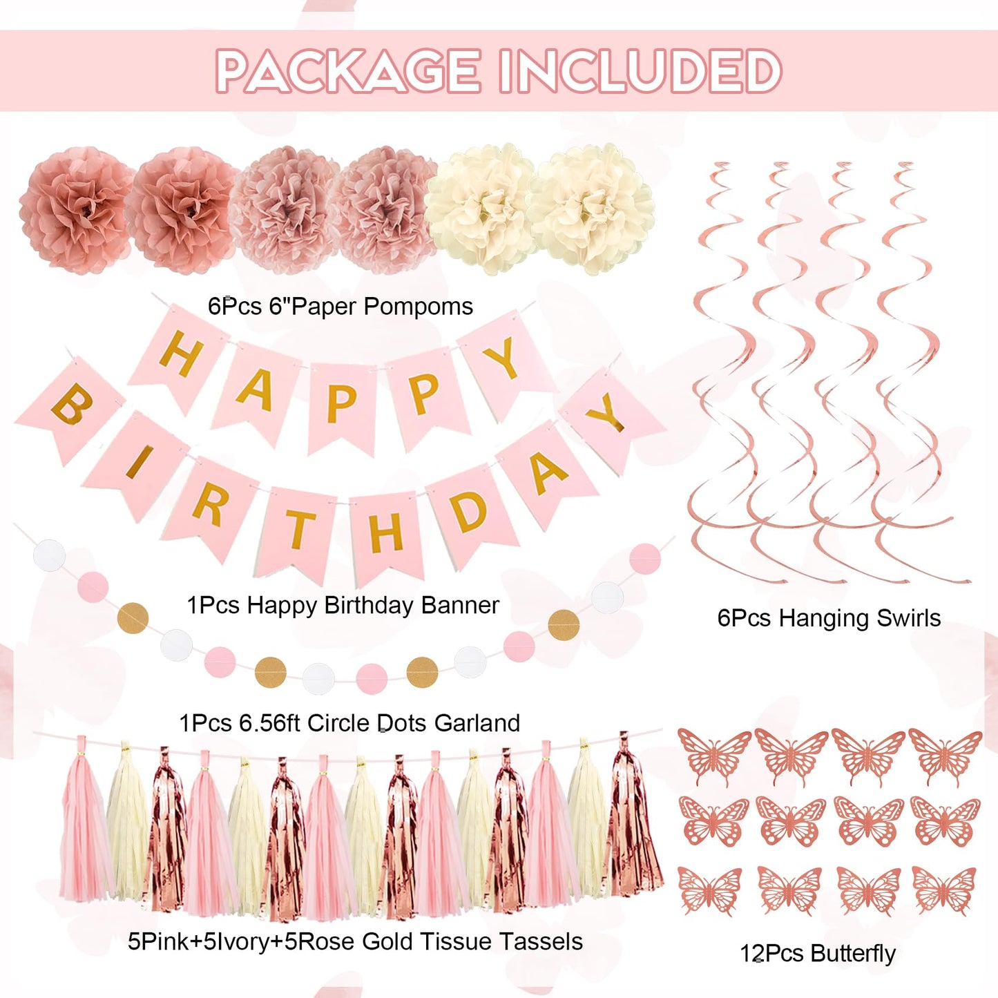 Pink Birthday Party Decorations, Dusty Pink Sand Confetti Rose Gold Balloons Happy Birthday Banner Fringe Curtains Butterfly Hanging Swirls Circle Dots Tassels Pompoms for Women Girls Party Supplies