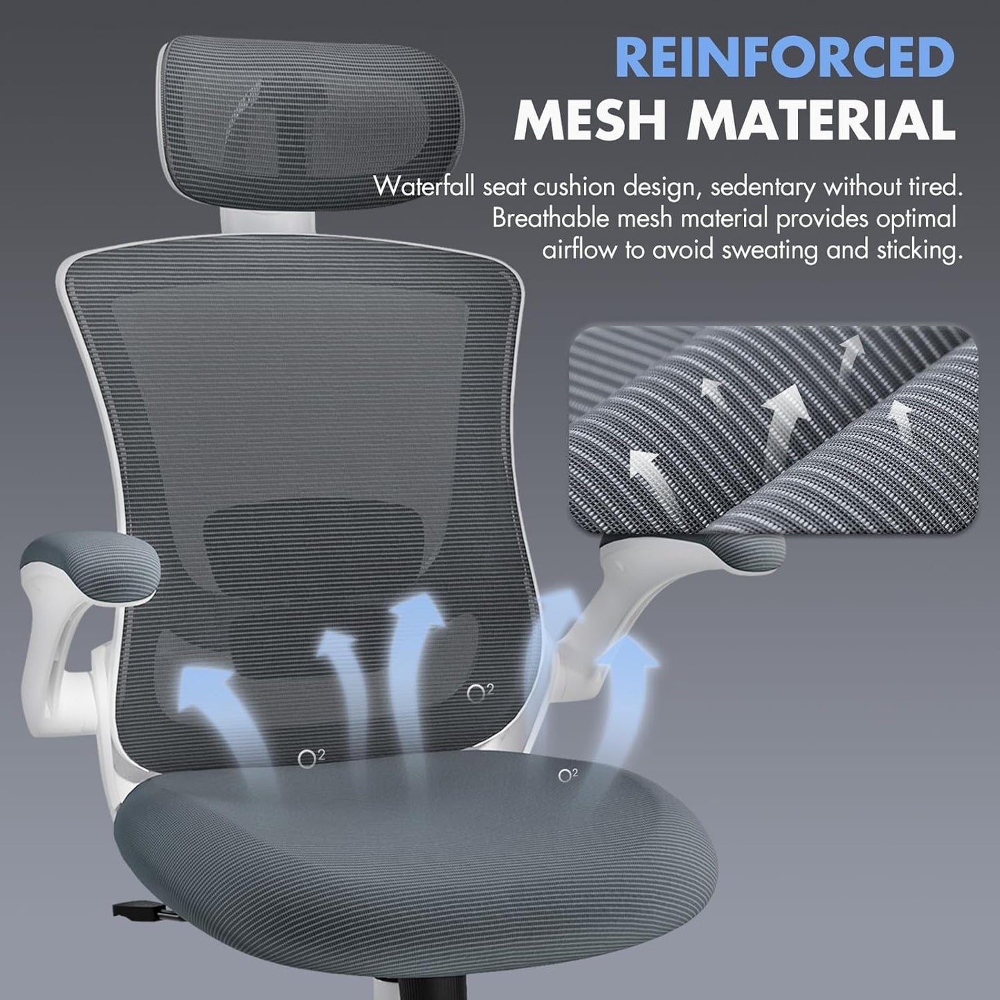 High Back Office Chair with Adjustable Lumbar Support & Headrest, Ergonomic Mesh Desk Chair with Flip-Up Armrests, Breathable & Comfortable Computer Chair for Home, Office & Study, Grey