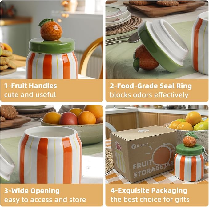 Cookie Jars with Lid Airtight, Hand Painted Orange Ceramic Food Storage Containers with Lids for Home Decor and Kitchen Countertops, For Coffee, Spices, Sugar, Tea, Salt, Honey, Candy, Nut