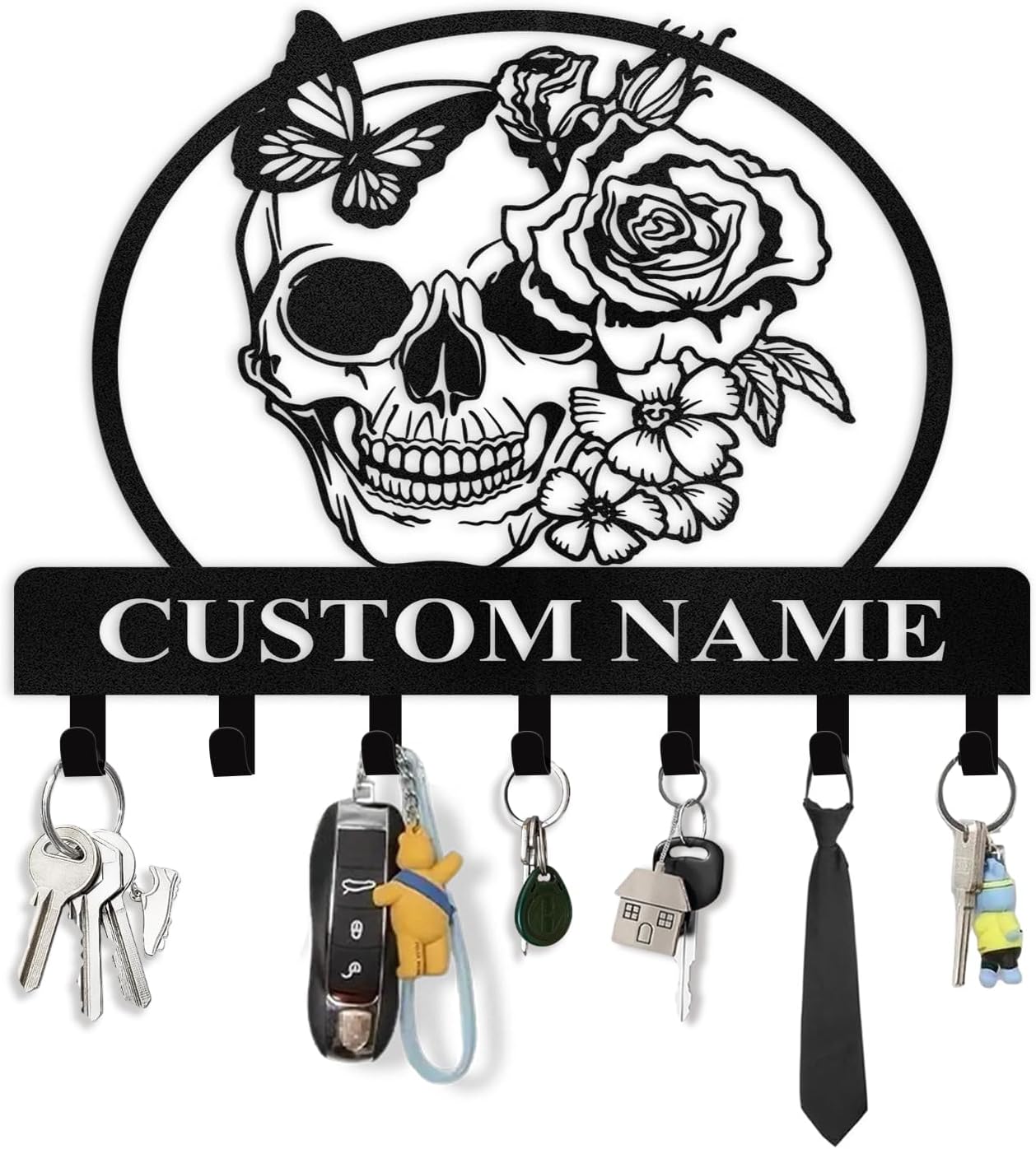 Personalized Key Holder for Wall - Coat Rack Wall Mount with Skeleton & Rose Flower Design, Metal Key Organizer with Hooks, Skull Wall Decor for Bedroom Living Room Entryway, Personalized Gift