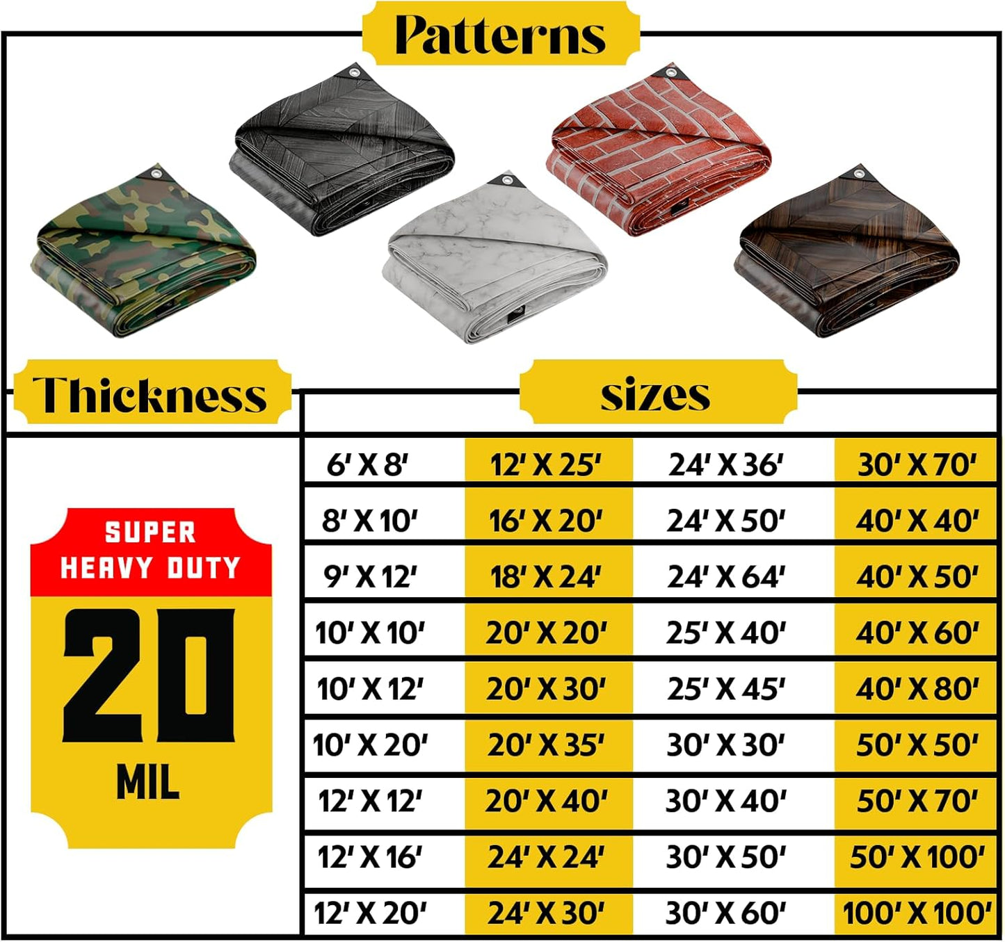 Core Tarps Extreme Heavy Duty 20 Mil Tarp Cover, Waterproof, UV Resistant, Rip and Tear Proof, Poly Tarpaulin with Reinforced Edges for Roof, Camping, Patio, Pool, Boat (Brown Wood/Black 10′ X 20′)