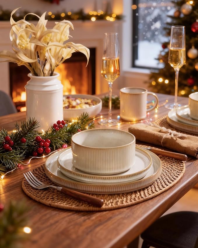 famiware Star Dinnerware Sets, Plates and Bowls Set for 4, 12 Pieces Ribbed Dishes - Chip and Scratch Resistant, Microwave and Dishwasher Safe Tableware, Cappuccino White