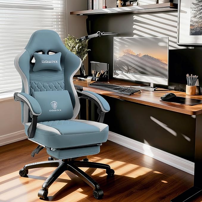 Dowinx Gaming Chair Breathable Fabric Game Chair with Gel Pad and Storage Bag, Comfortable Gamer Chair with Pocket Spring Cushion,Ergonomic Computer Chair with Footrest,Blue
