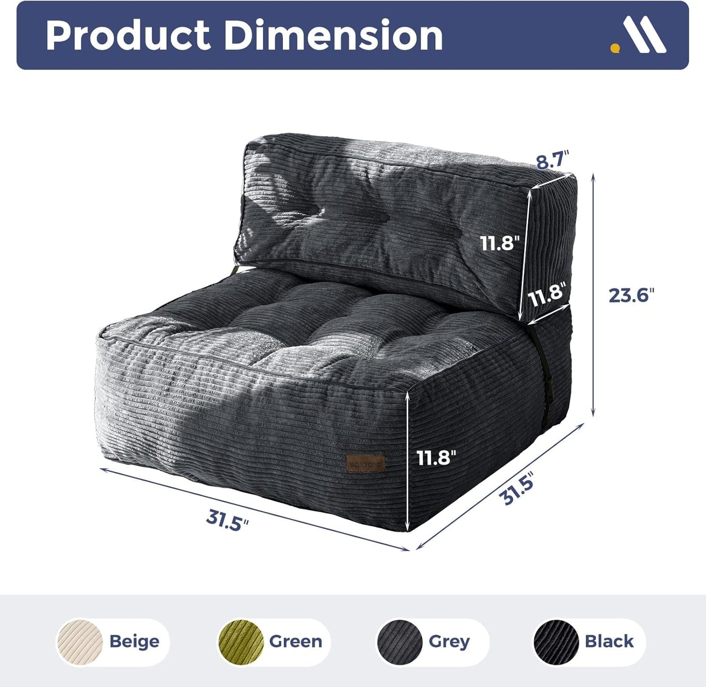 MAXYOYO Floor Sofa Bean Bag Sofa Couch, Comfy Floor Couch with Back Support, Portable Bean Bag with Filling, Corded Chair Seating for Living Room Bedroom Apartment, Dark Grey