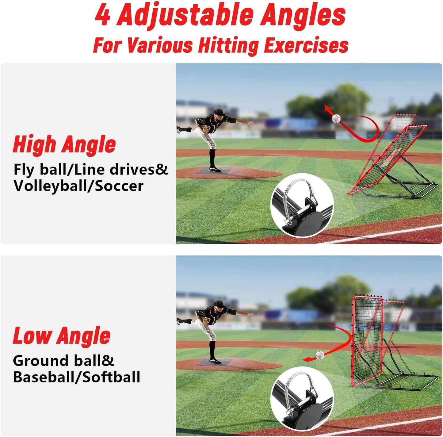 Baseball Rebounder ,4x4.5FT Soccer Rebounder with 4 Adjustable Angles, 28 Bungee Cords to Adjust Elastic, Sports Equipment for Soccer/Baseball/Softball/Volleyball Training,Pitchback Net for All Levels