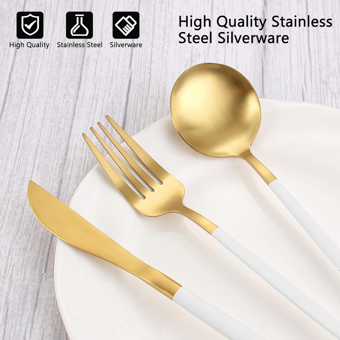 Matte White Gold Silverware Set, 20-Piece Stainless Steel Flatware Set, Satin Finish tableware Cutlery Set, Service for 4, Home and Restaurant, Dishwasher Safe