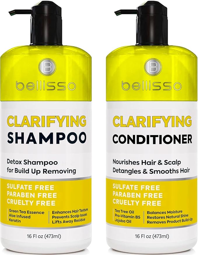 Clarifying Shampoo and Conditioner Set - Sulfate Free Hair Care Products for Women and Men - Build Up Remover for Curly, Straight, Color Treated, Oily and Black Hair - Hydrating Dry Split Ends Formula