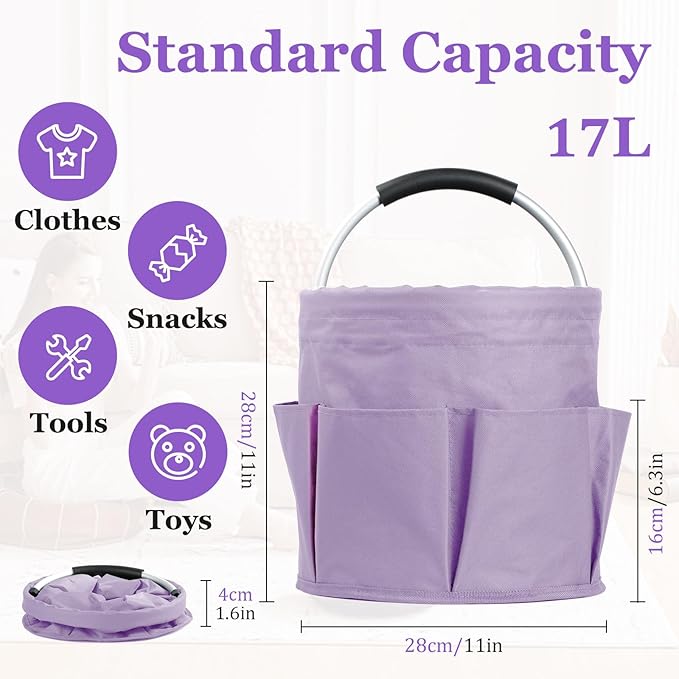 17L Portable Shower Caddy for Women, Foldable Cleaning Caddy with Handle and 6 Pockets, 600D Oxford Fabric Garden Tool Bag, Multifunctional Storage Basket for College, Dorm, Family, Purple