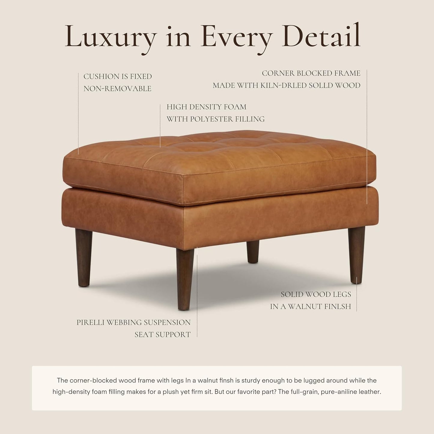 POLY & BARK Napa Ottoman - Full-Grain Leather Upholstered Ottoman with Feather-Down Topper - Couch for Living Room - Vintage Italian Leather in Cognac Tan