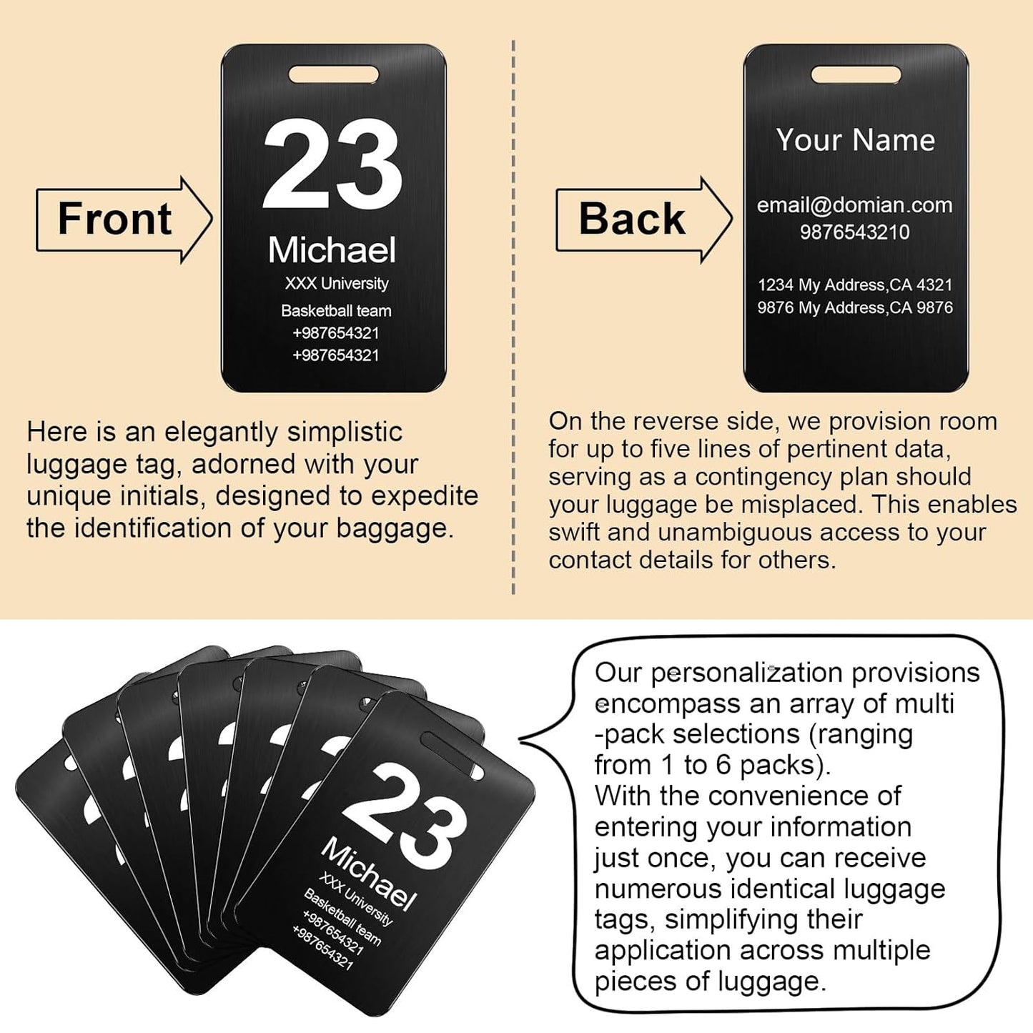 Customized Stainless Steel Luggage Tags: Personalize Your Suitcases, Backpacks, and Bags with Your Text - Custom Initial Text Name ID,Number 2"x3.3"