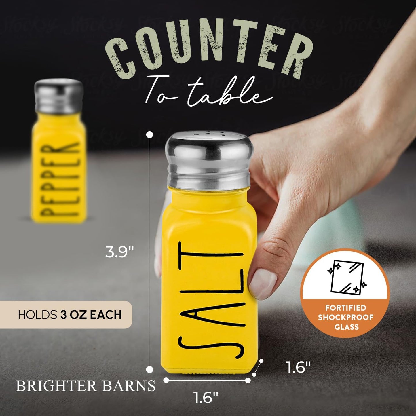 Yellow Salt and Pepper Shakers Set by Brighter Barns - Cute Kitchen Decor & Kitchen Accessories - Cute Glass Shakers - Farmhouse Decor for Home Restaurants Wedding Gift & Stainless Steel Lid (Yellow)