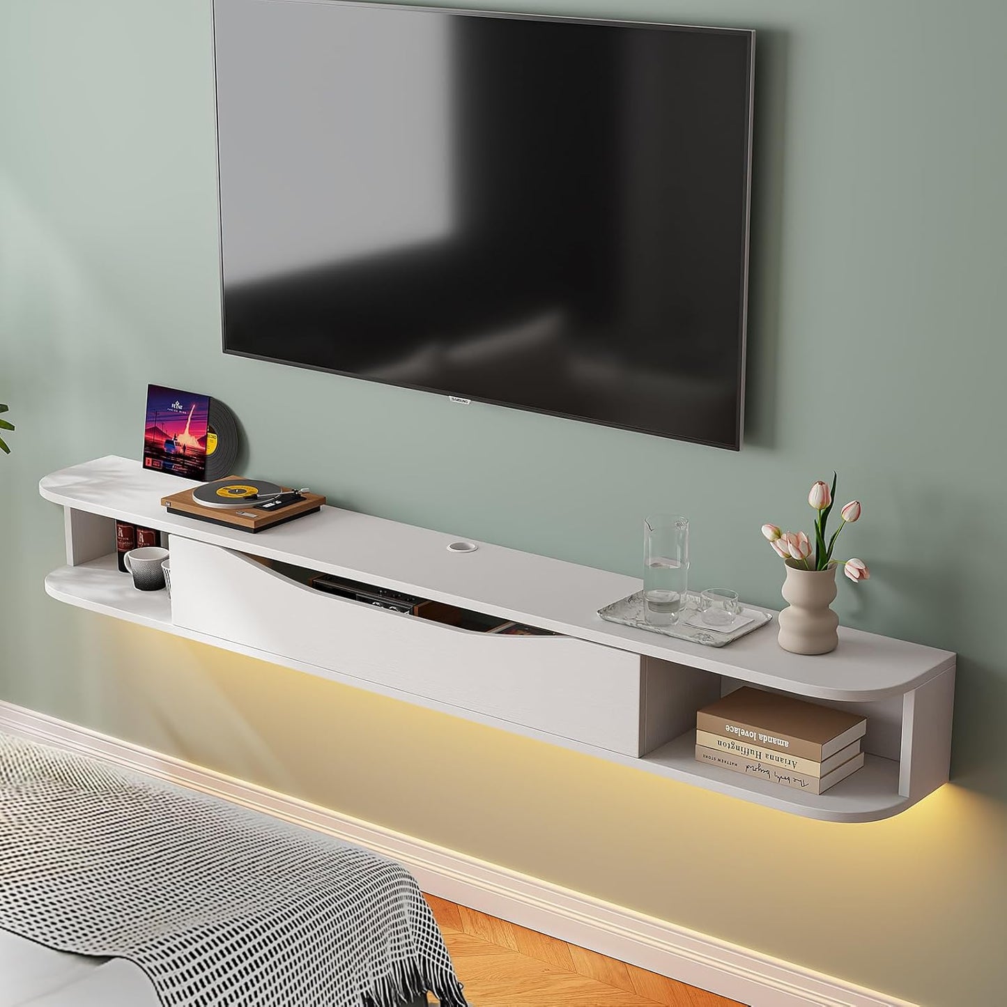 Floating TV Stand,47'' Wall Mounted TV Cabinet,Floating TV Console,Under TV Shelf with 1 Door and 2 Cabinets for TVs up to 55''(White)