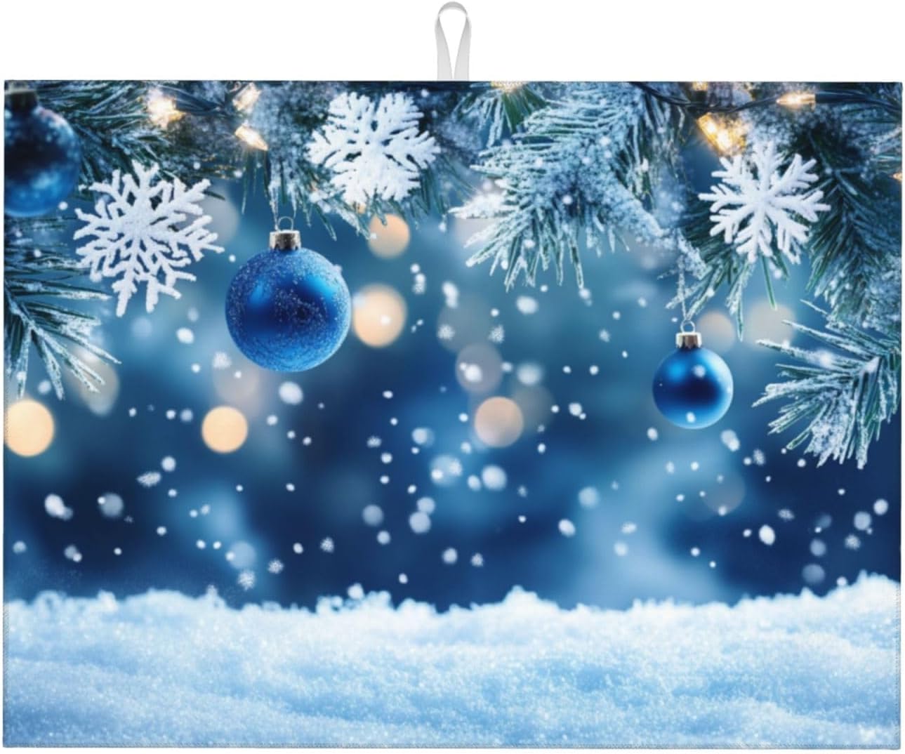 Dish Drying Mat Christmas Blue Ball Snowflake Absorbent Microfiber Non Slip Quick Dry Heat Resistant Holiday Decorative Kitchen Counter Mat for Plates Cups Glasses 18x24 Inch