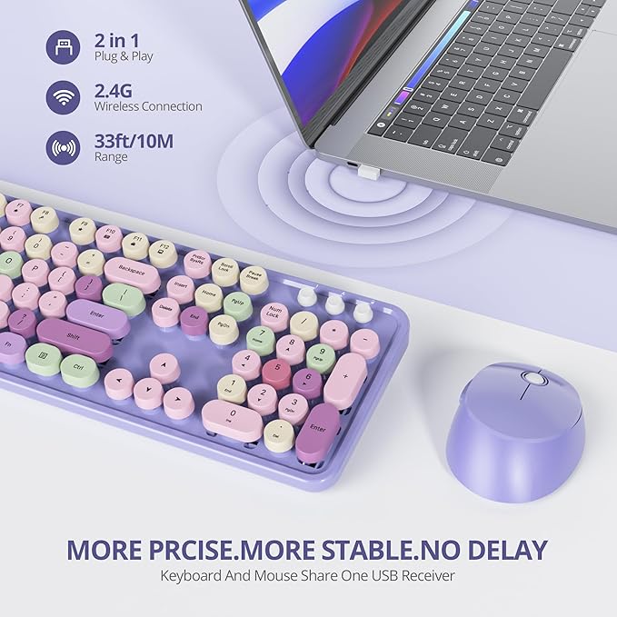 Owpkeenthy Purple Keyboard and Mouse Wireless, Cute Retro Full-Size Cordless Keyboard with Number Pad 2.4 GHz Wireless USB Receiver for Computer/Laptop/Windows/Mac(Coloful Purple)